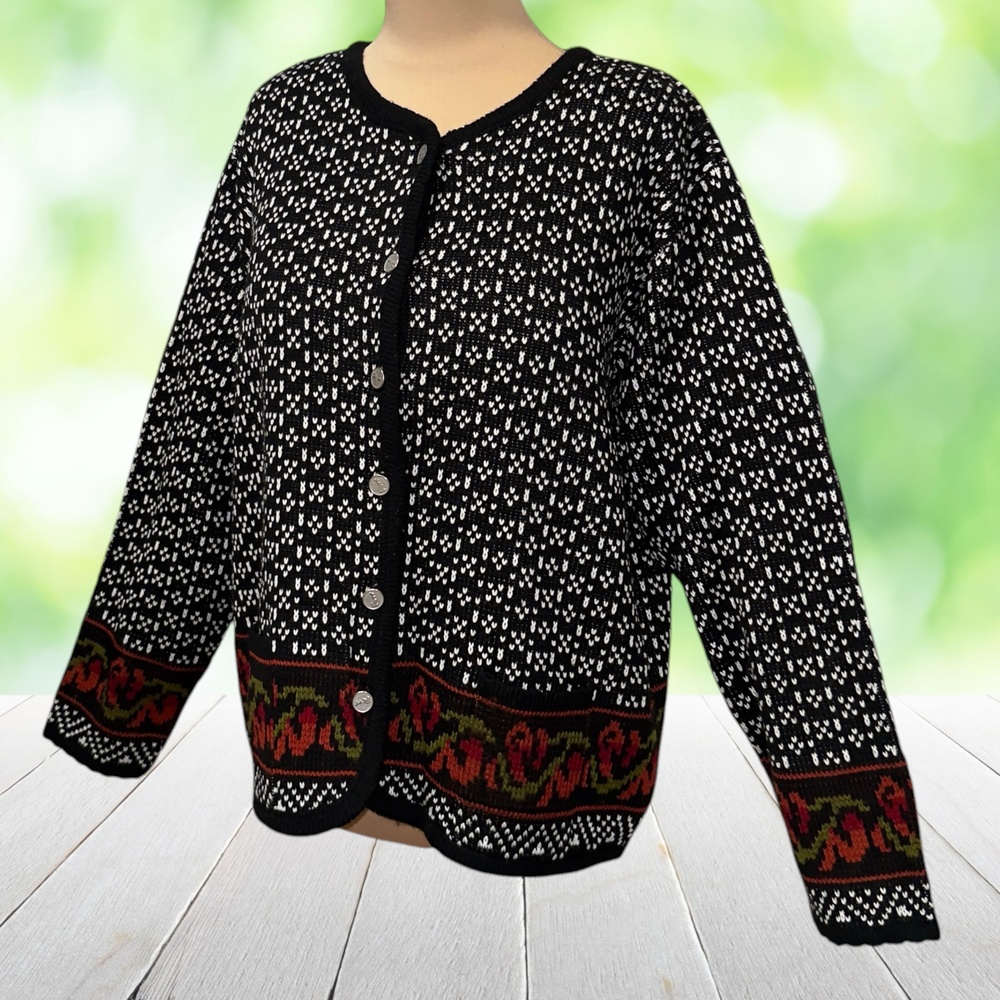 Vintage 80s TALLY HO Alpine Cardigan Floral Border Knit Pockets Black Size L